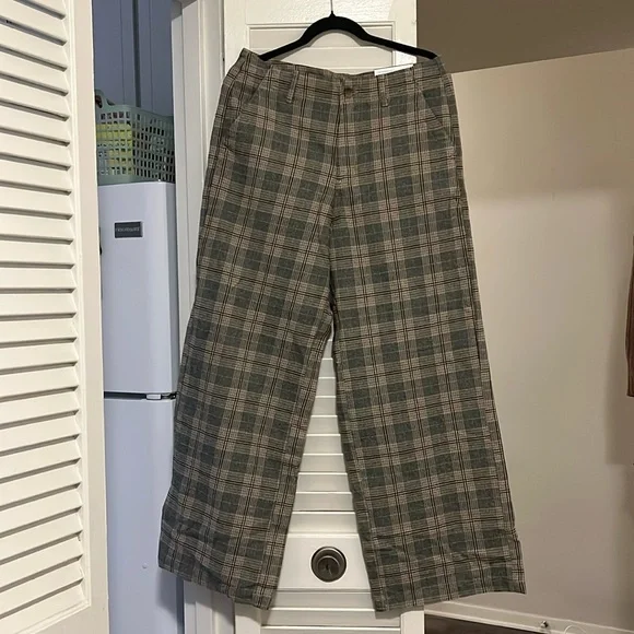 american eagle super high rise wide leg 30 waist regular brown gray blue plaid - Picture 2 of 4